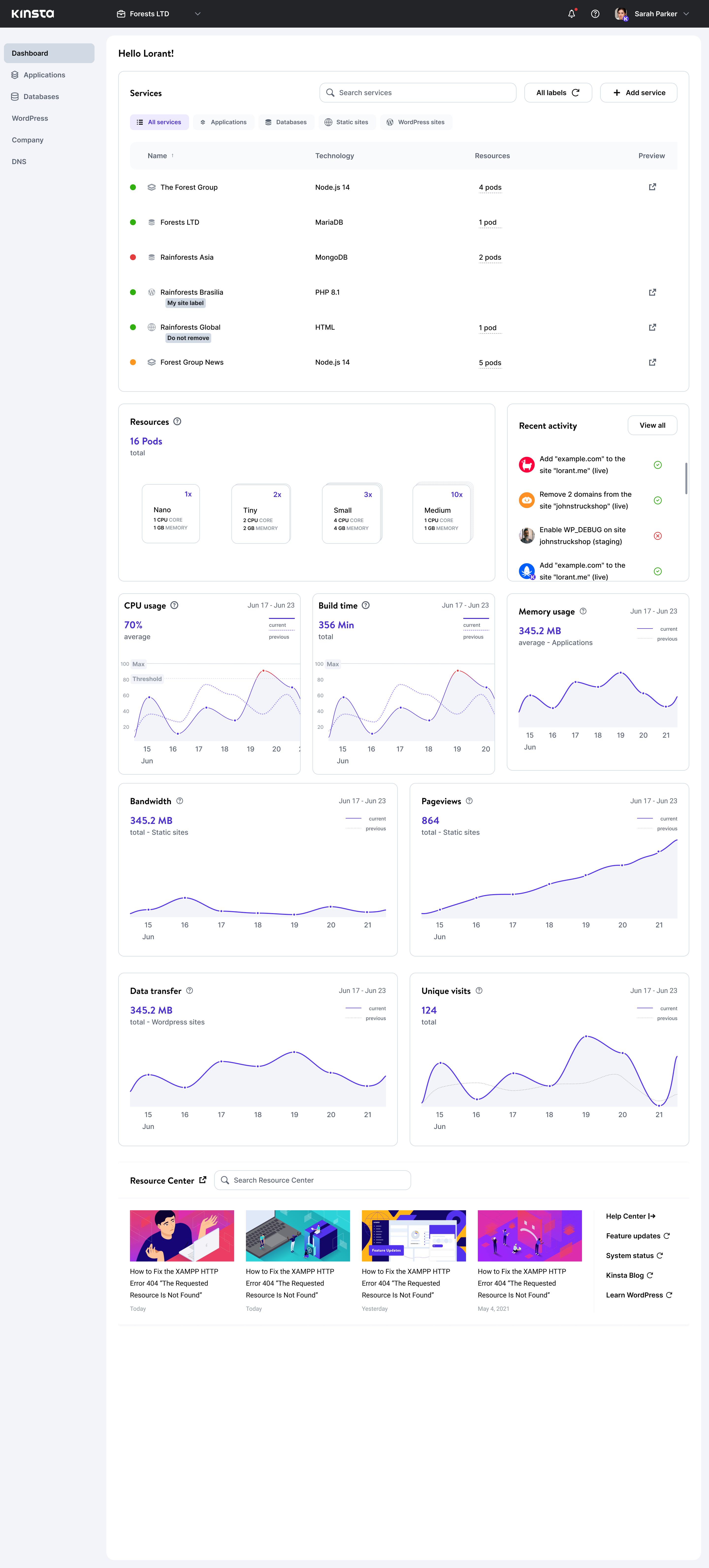 Kinsta V5 Beta dashboard