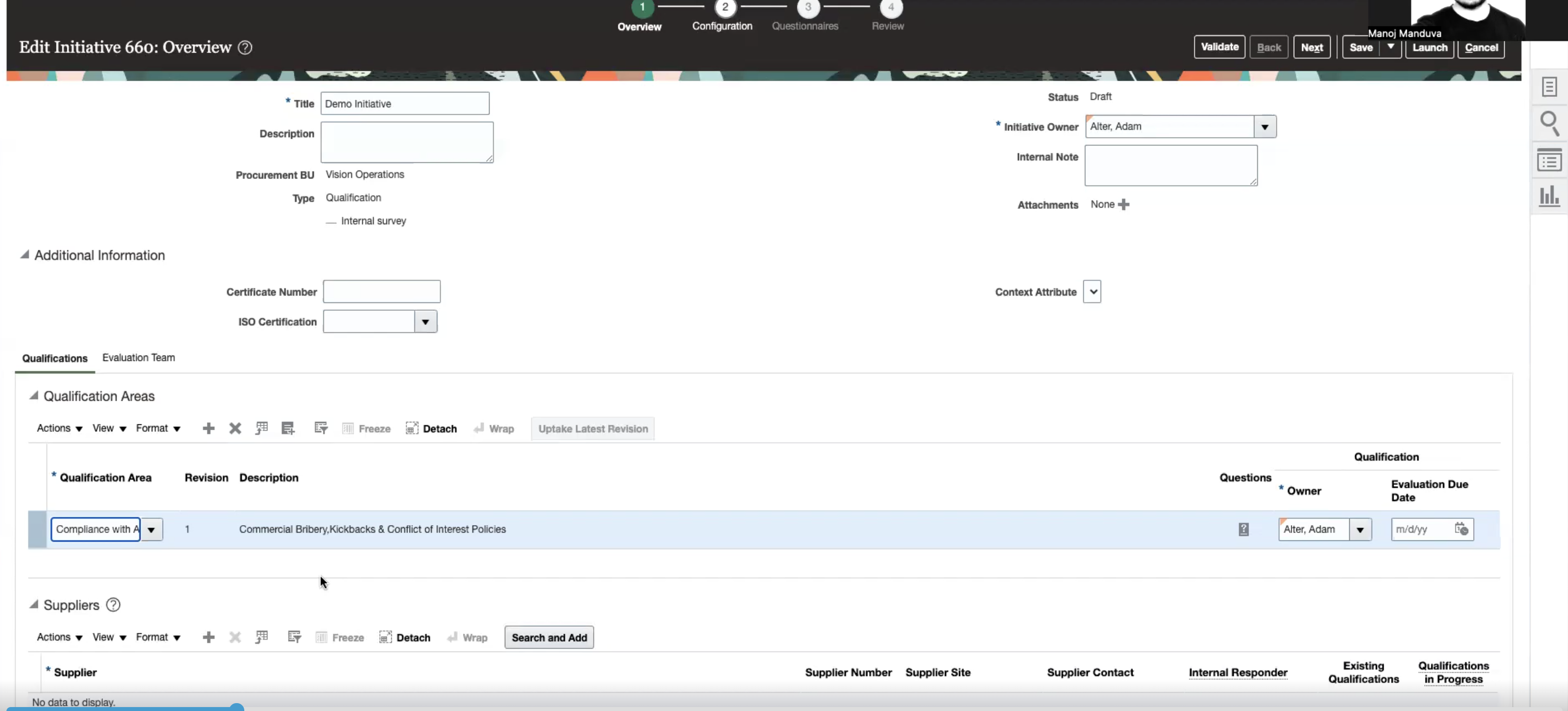 Original ADF initiative interface with multiple form fields and a supplier table