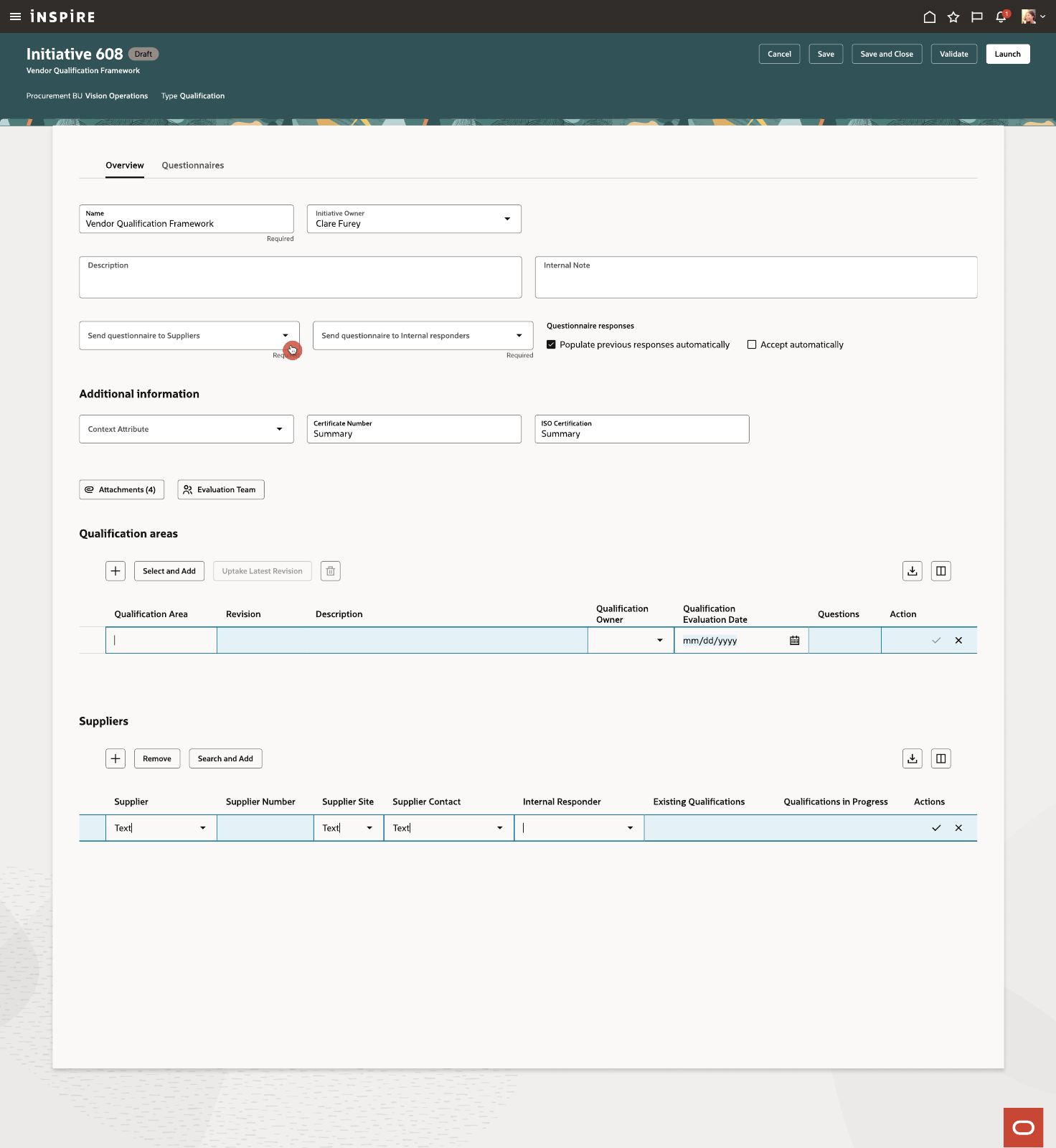 Redesigned initiative workspace with overview and questionnaire tabs